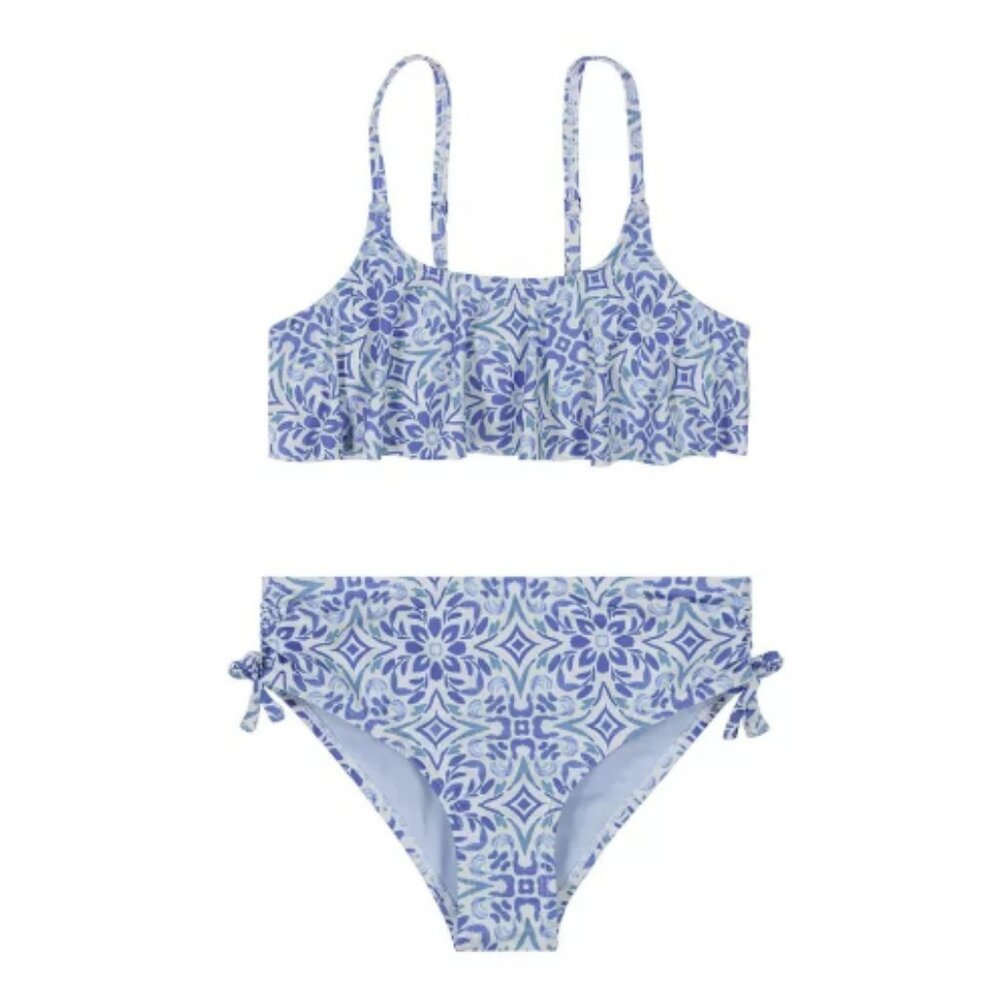 Roxy Girls Blue Floral Tile Print Bikini Set